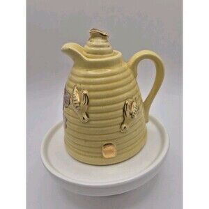 Vintage Yellow Bees Honey Pot Jar Tea Pot Beehive With Lid USA Ceramic Farmhouse